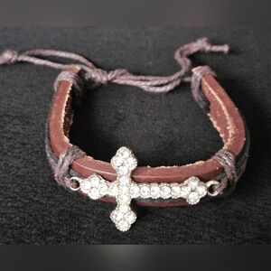 Crystal Cross Brown Leather Wrap Bracelet